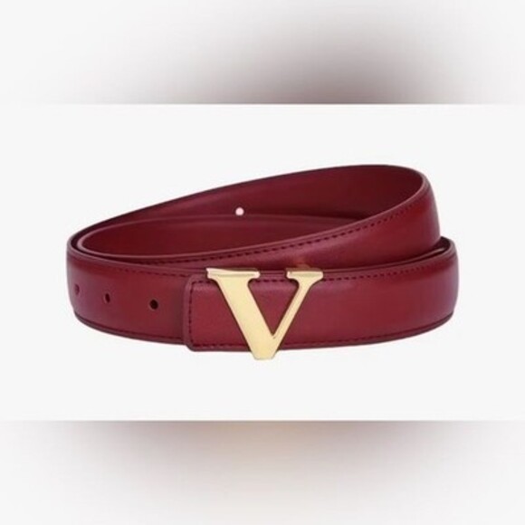 Big Jewelry Co Accessories - Last One! Classic Style Women's Red Leather Belt with Gold V Buckle